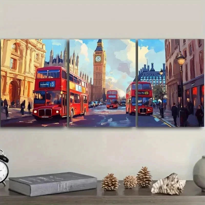 3pcs Red Double-Decker Bus Cityscape Perfect Wall Art Set Canvas Framed 60x90cm - High Quality Print 100% Australian Made Wall Canvas Ready to Hang - Bella Home Decor