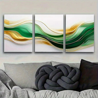 3pcs Green and Golden Abstract Waves Wall Art Set Canvas Framed 60x90cm - High Quality Print 100% Australian Made Wall Canvas Ready to Hang - Bella Home Decor