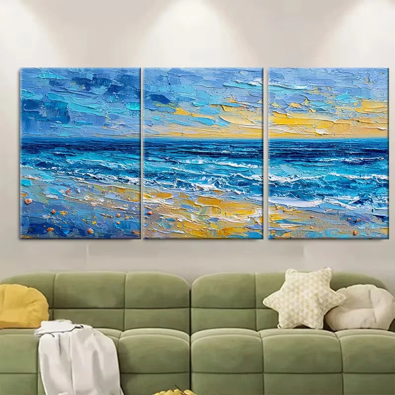 3pcs Sunset Ocean Oil Painting Metal Print Ready to Hang Art - Bella Home Decor