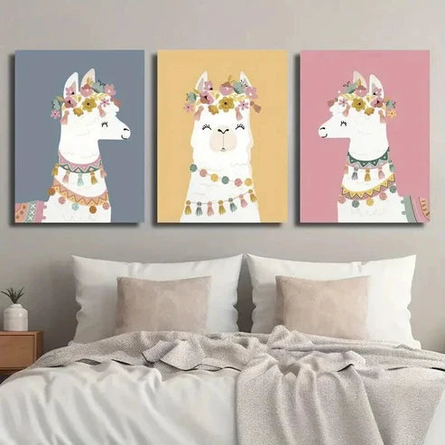 3pcs Cartoon Animals and Flowers Illustration Wall Art Set Canvas Unframed - High Quality Print 100% Australian Made Wall Canvas - Bella Home Decor