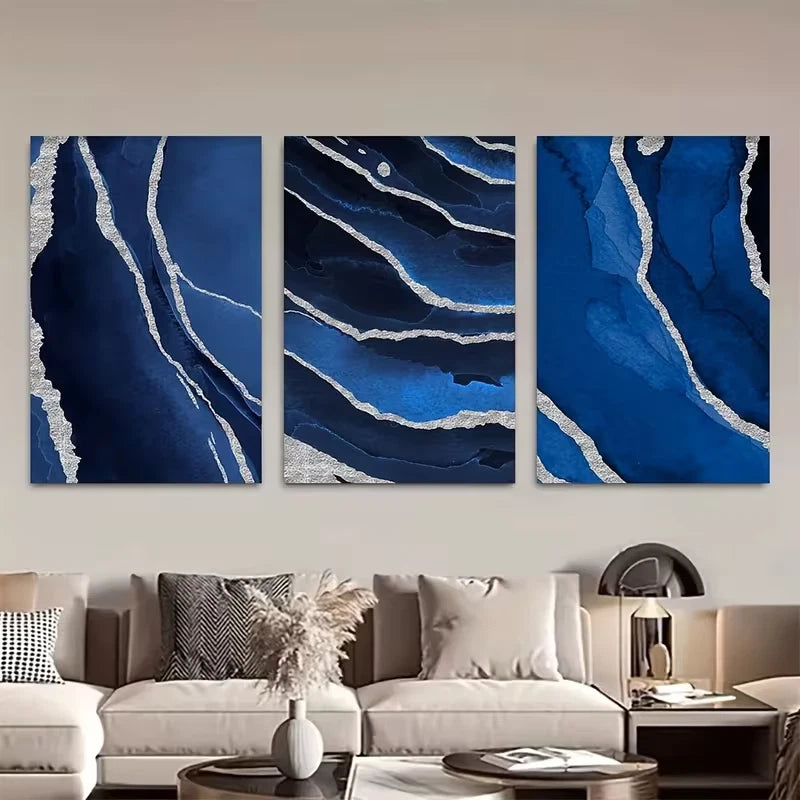 3pcs Navy Blue and Silvery Paintings  Wall Art Set Canvas Framed 60x90cm - High Quality Print 100% Australian Made Wall Canvas Ready to Hang