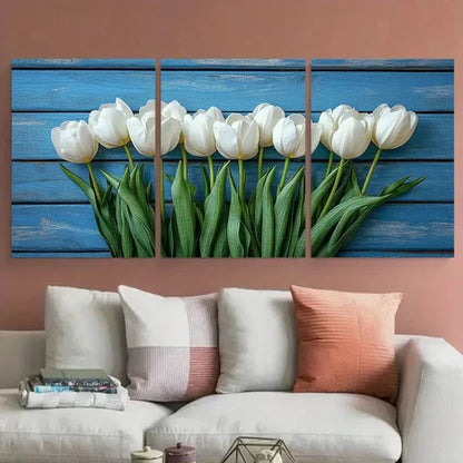 3pcs Elegant White Tulips Spring Flowers Perfect Wall Art Set Canvas Framed 40x60cm - High Quality Print 100% Australian Made Wall Canvas Ready to Hang