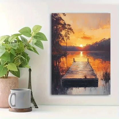 Beautiful Serene Lakeside Sunset Landscape Painting 60x90cm Metal Print Ready to Hang