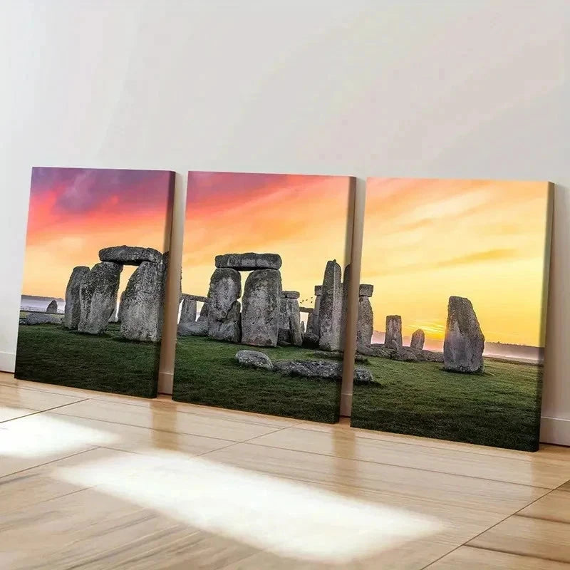 3pcs Stonehenge Sunset Natural Landscape Wall Art Set Canvas Framed 50x70cm - High Quality Print 100% Australian Made Wall Canvas Ready to Hang