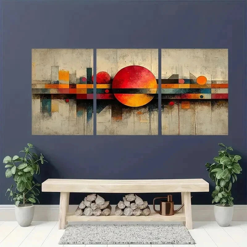 3pcs Abstract Red Orange Blue Gray Geometric n Wall Art Set Canvas Framed 40x60cm - High Quality Print 100% Australian Made Wall Canvas Ready to Hang - Bella Home Decor