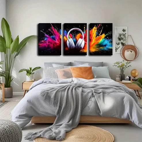 3pcs Vibrant Headphone Explosion Wall Art Set Canvas Unframed - High Quality Print 100% Australian Made Wall Canvas