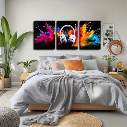 3pcs Vibrant Headphone Explosion Wall Art Set Canvas Unframed - High Quality Print 100% Australian Made Wall Canvas
