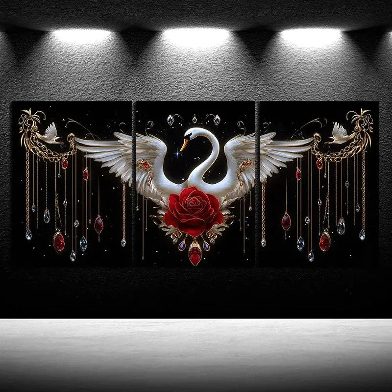 3pcs Red Rose And White Swan Modern Metal Print Ready to Hang Art - Bella Home Decor