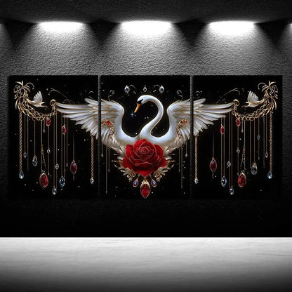 3pcs Red Rose And White Swan Modern Metal Print Ready to Hang Art - Bella Home Decor