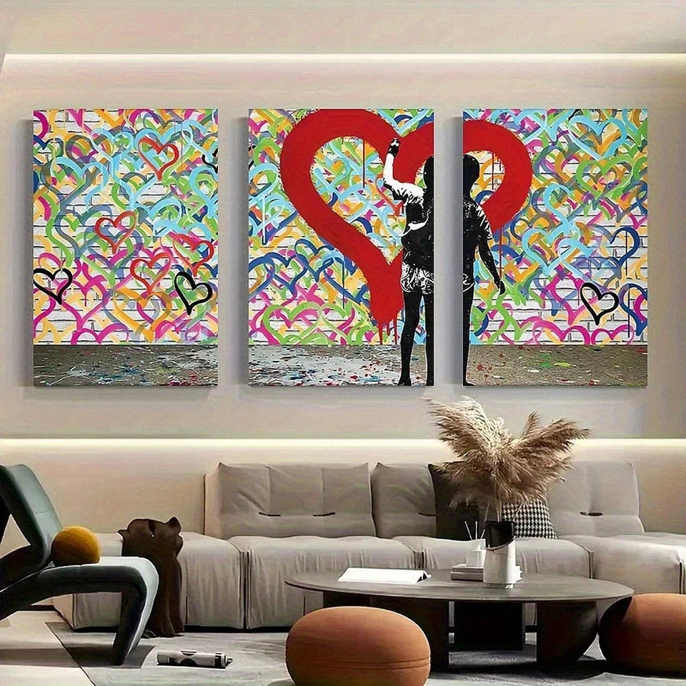 3pcs Colorful Heart Graffiti Modern Street Metal Print Ready to Hang Art - Bella Home Decor