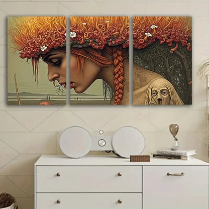 3pcs Red-Haired Woman Floral Design Wall Art Set Canvas Framed 60x90cm - High Quality Print 100% Australian Made Wall Canvas Ready to Hang