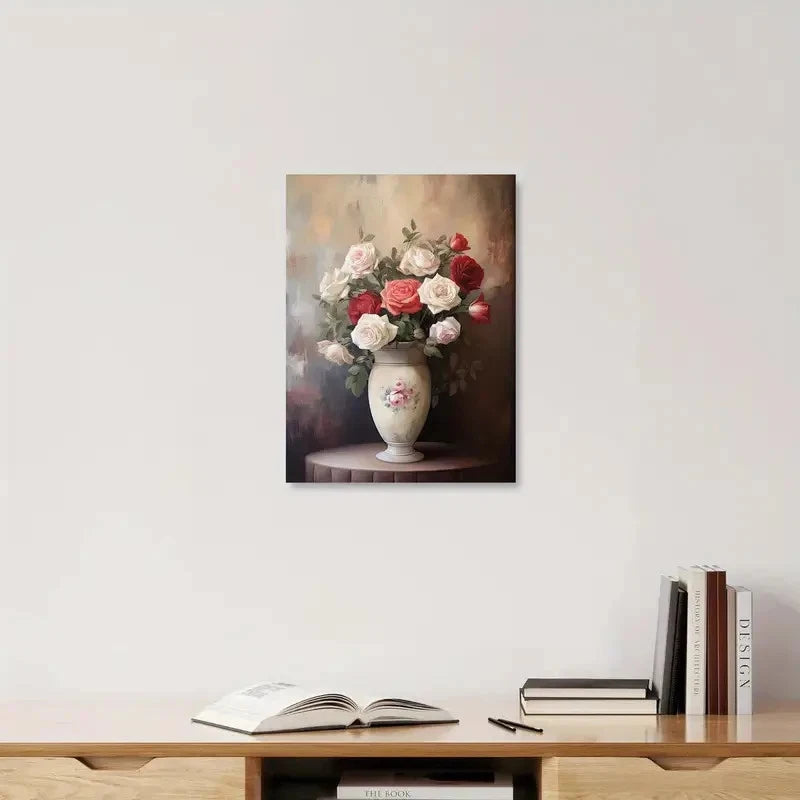 Framed artwork of a floral arrangement on a wall above a wooden shelf with books and an open book.