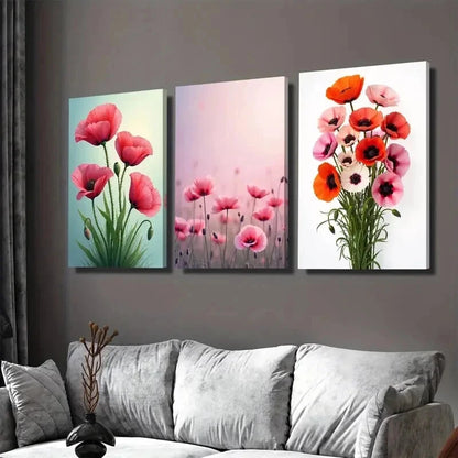 3pcs Poppy Flower Vibrant Pink & Orange Poppy Wall Art Set Canvas Framed 50x70cm - High Quality Print 100% Australian Made Wall Canvas Ready to Hang
