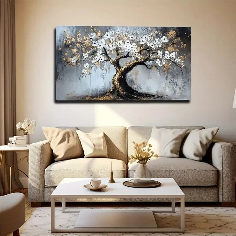 Tree & White Flowers Wall Art canvas office home room framed 120x60cm - Bella Home Decor