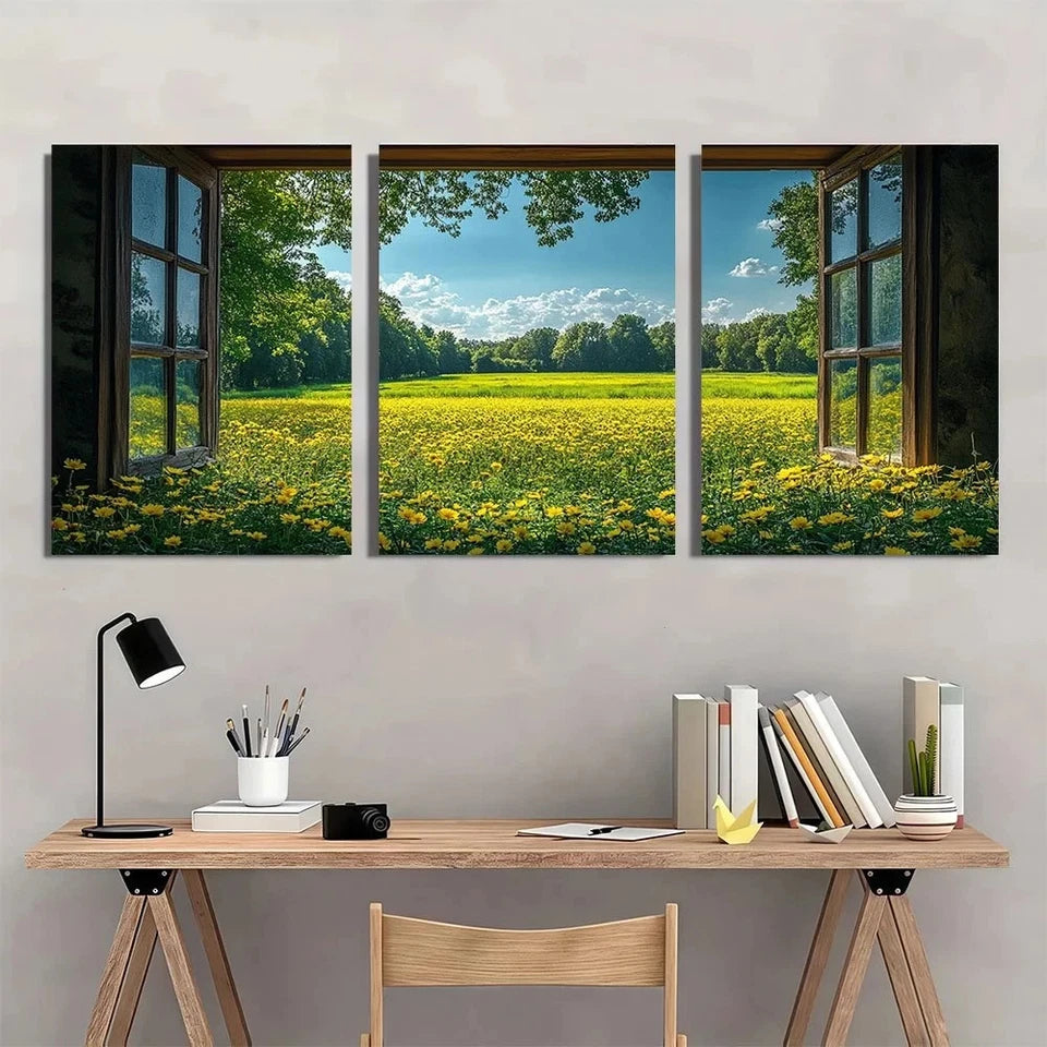 3pcs Serene Green Field & Blue Sky View Wall Art Set Canvas Framed 50x70cm - High Quality Print 100% Australian Made Wall Canvas Ready to Hang