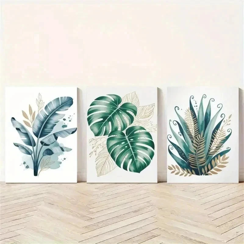3pcs Leaves, Golden Accents Canvas Wall Art Set Canvas Framed 40x60cm - High Quality Print 100% Australian Made Wall Canvas Ready to Hang - Bella Home Decor