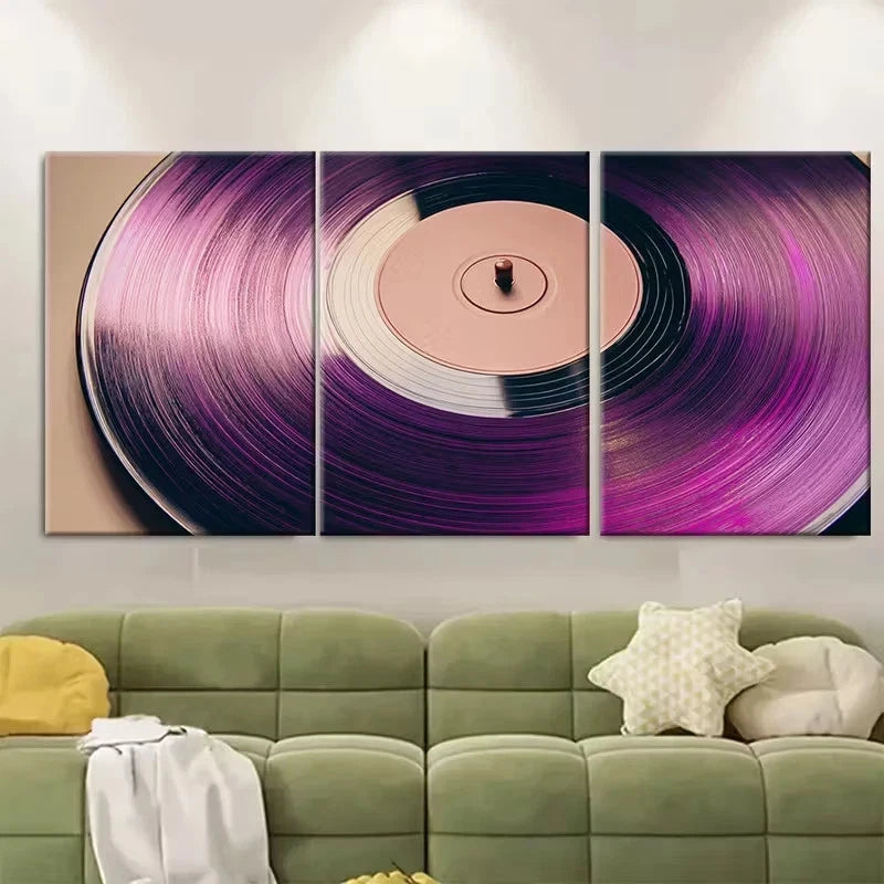 3pcs Purple Retro Vinyl Record Metal Wall Art Canvas Framed 60x90cm - High Quality Print 100% Australian Made Wall Canvas Ready to Hang