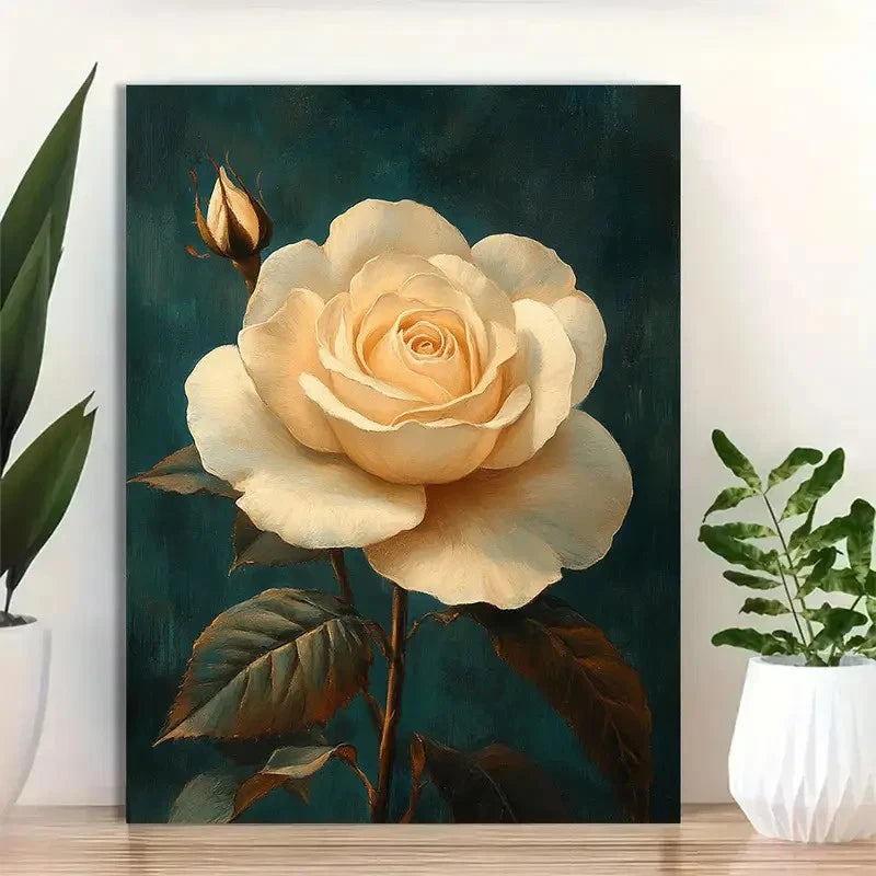 Beautiful Green Leaves On Teal Background Painting 40x60cm Metal Print Ready to Hang