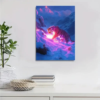 Stunning Neon Tiger in Snowy Mountain Fantasy Painting 40x60cm Metal Print Ready to Hang - Bella Home Decor