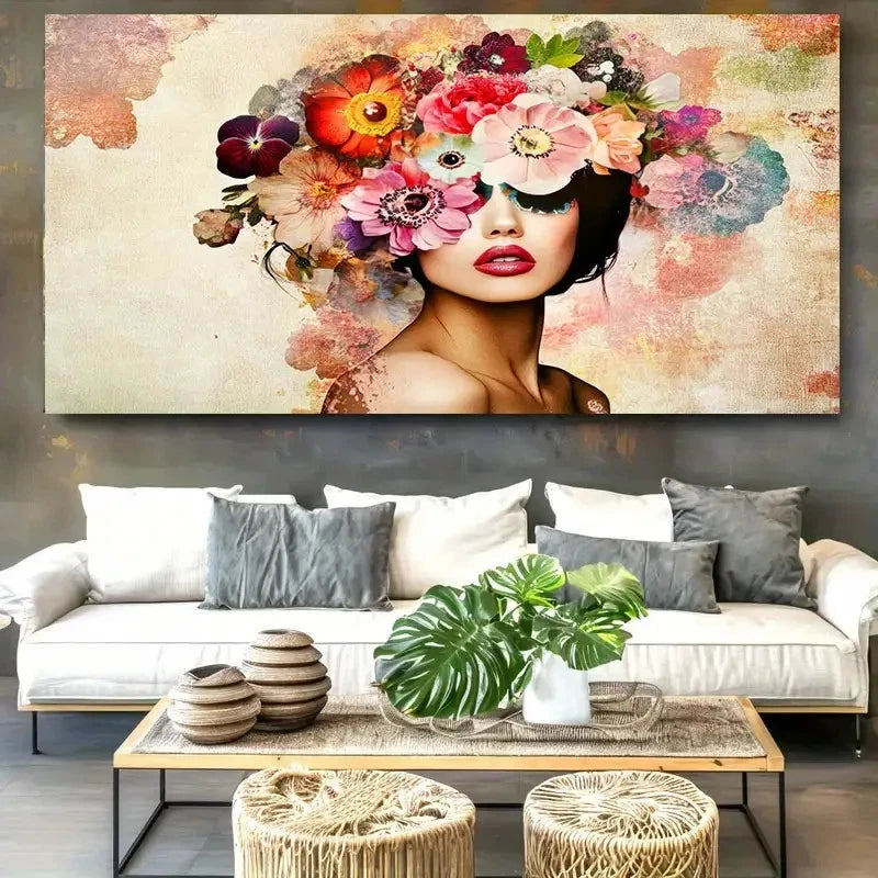 Fantasy Woman Vibrant Flowers Wall Art Canvas Office Home Room Framed 120x60cm