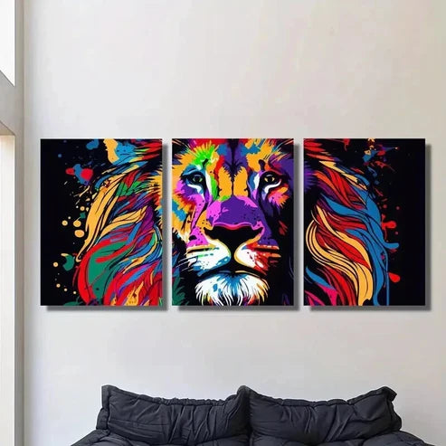 3pcs Colored Mane of a Majestic Lion Wall Art Canvas Unframed - High Quality Print 100% Australian Made Wall Canvas - Bella Home Decor