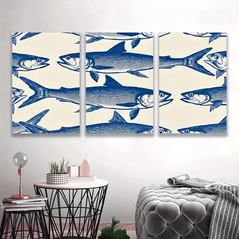 3pcs Blue & Beige Fish Painting T  Wall Art Set Canvas Framed 50x70cm - High Quality Print 100% Australian Made Wall Canvas Ready to Hang - Bella Home Decor