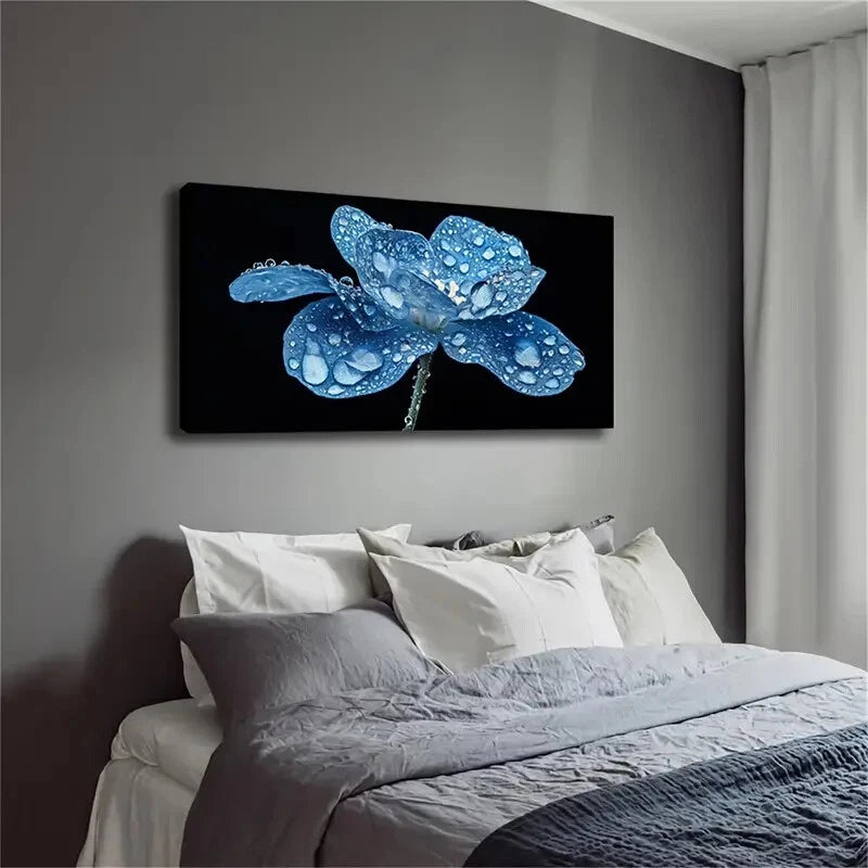 Blue Flowers Gable Droplets Wall Art Canvas Office Home Room Framed 120x60cm - Bella Home Decor