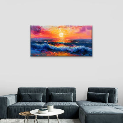 Ocean Sunset Waves Sea Wall Art Canvas Office Home Room Framed 120x60cm