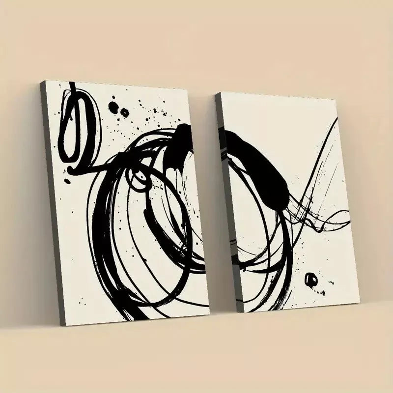 2 Piece Abstract Black Ink Art Framed 50x75cm - High Quality Print 100% Australian Made Wall Canvas Ready to Hang