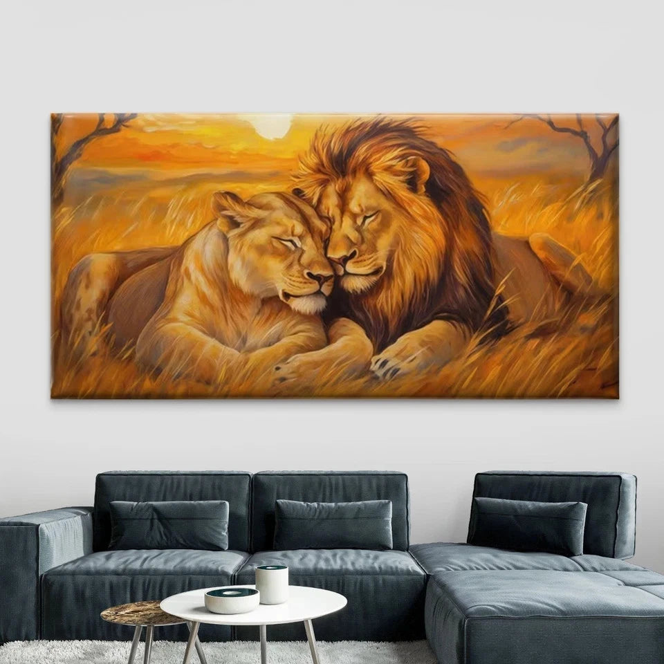 Romantic Lion Couple Wall Art Canvas Office Home Room Framed 120x60cm