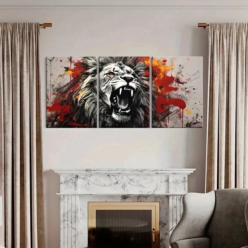 3pcs Abstract Animal Art Roaring Lion Watercolor Wall Art Set Canvas Framed 50x70cm - High Quality Print 100% Australian Made Wall Canvas Ready to Hang - Bella Home Decor