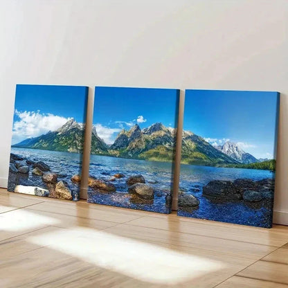 3pcs Green Mountains and Lake Modern Wall Art Set Canvas Framed 50x70cm - High Quality Print 100% Australian Made Wall Canvas Ready to Hang - Bella Home Decor