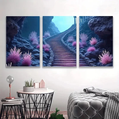 3pcs A Magical Journey Up The Glowing Stair Wall Art Set Canvas Framed 50x70cm - High Quality Print 100% Australian Made Wall Canvas Ready to Hang - Bella Home Decor