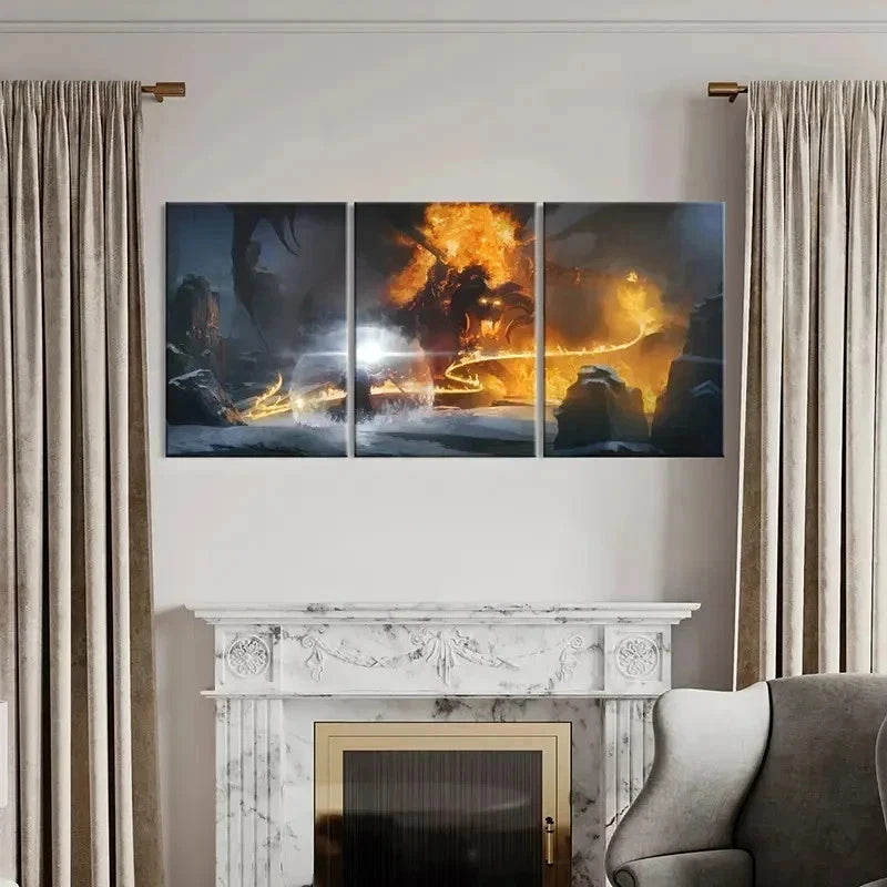 3pcs Middle-Earth Wizard & Fire Monster Wall Art Set Canvas Framed 40x60cm - High Quality Print 100% Australian Made Wall Canvas Ready to Hang - Bella Home Decor