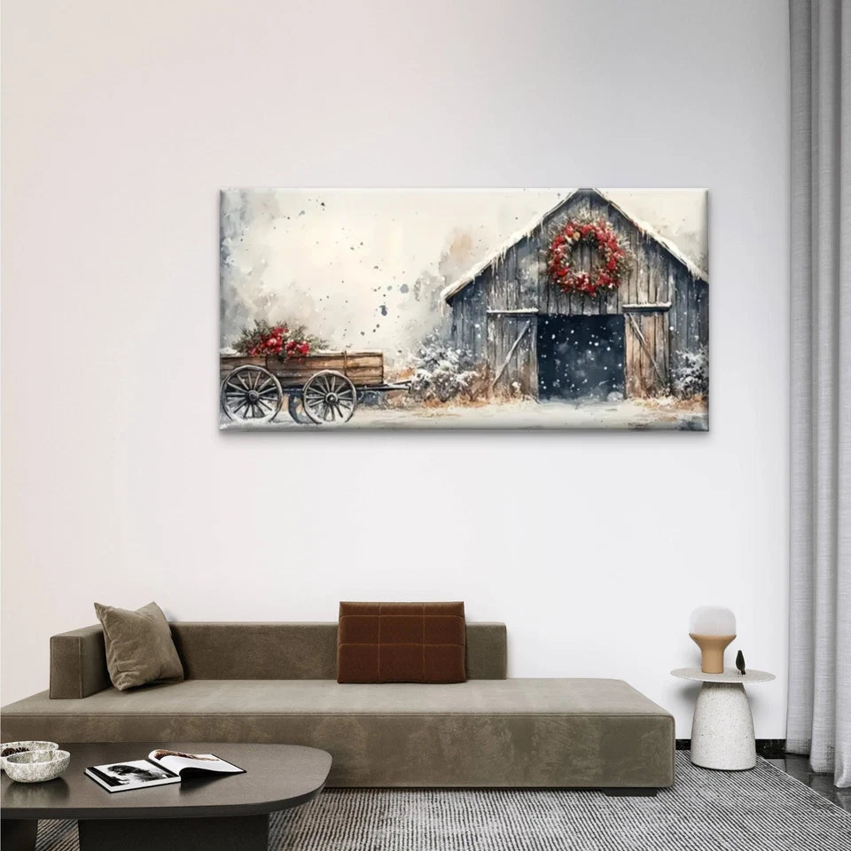 The Barn Winter Nature Wall Art Canvas Office Home Room Framed 120x60cm