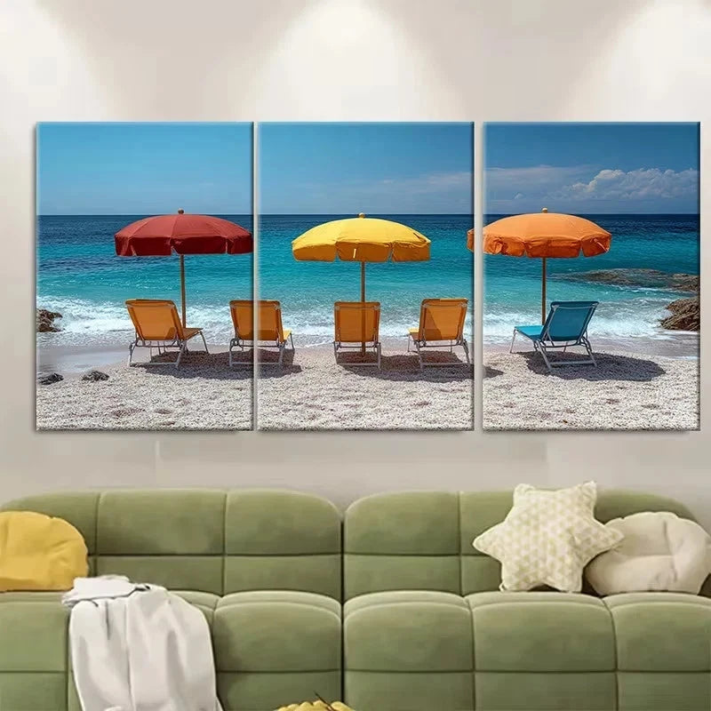 3pcs Minimalist Beach Chair Parasol Wall Art Set Canvas Framed 40x60cm - High Quality Print 100% Australian Made Wall Canvas Ready to Hang
