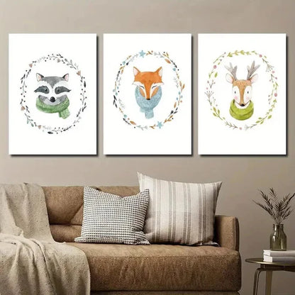 3pcs Cartoon Flower Crown Fox Deer Raccoon Wall Art Canvas Unframed - High Quality Print 100% Australian Made Wall Canvas - Bella Home Decor