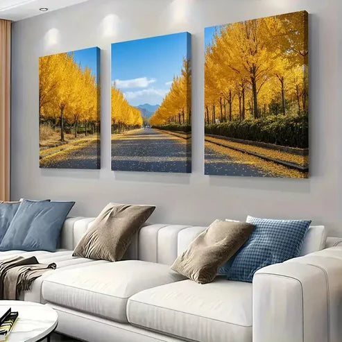 3pcs Golden Autumn Avenue Triptych Wall Art Set Wall Art Canvas Unframed - High Quality Print 100% Australian Made Wall Canvas