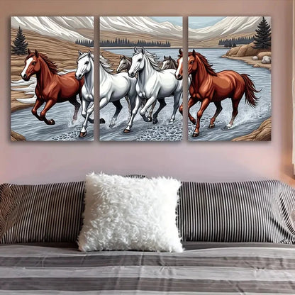 3pcs Dynamic Running Horses In A River Poster Wall Art Set Canvas Framed 50x70cm - High Quality Print 100% Australian Made Wall Canvas Ready to Hang - Bella Home Decor