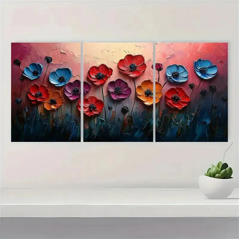 3pcs Red Meadow Field Abstract ER Wall Art Set Canvas Framed 40x60cm - High Quality Print 100% Australian Made Wall Canvas Ready to Hang