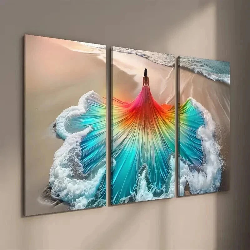 3pcs Beautiful Woman Art in Beach Wave Dress Wall Art Set Canvas Framed 60x90cm - High Quality Print 100% Australian Made Wall Canvas Ready to Hang