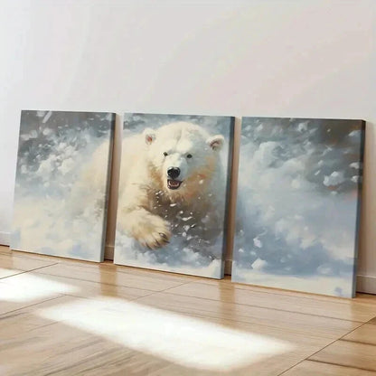 3pcs Polar Bears In The Snow Vintage Wall Art Set Canvas Framed 40x60cm - High Quality Print 100% Australian Made Wall Canvas Ready to Hang - Bella Home Decor