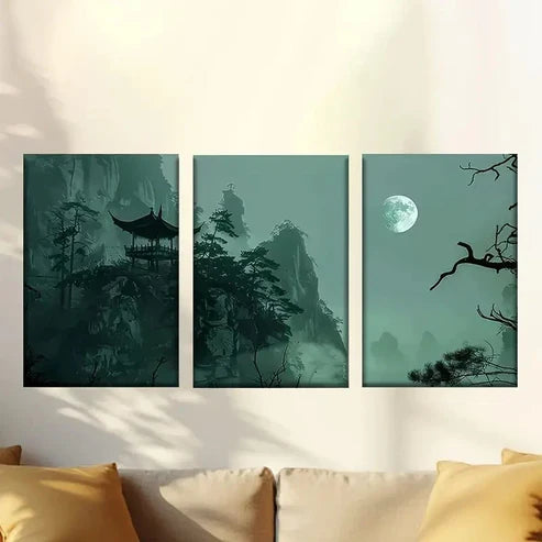 3pcs Chinese Landscape with Moonlit Mountains Wall Art Set Canvas Unframed - High Quality Print 100% Australian Made Wall Canvas - Bella Home Decor