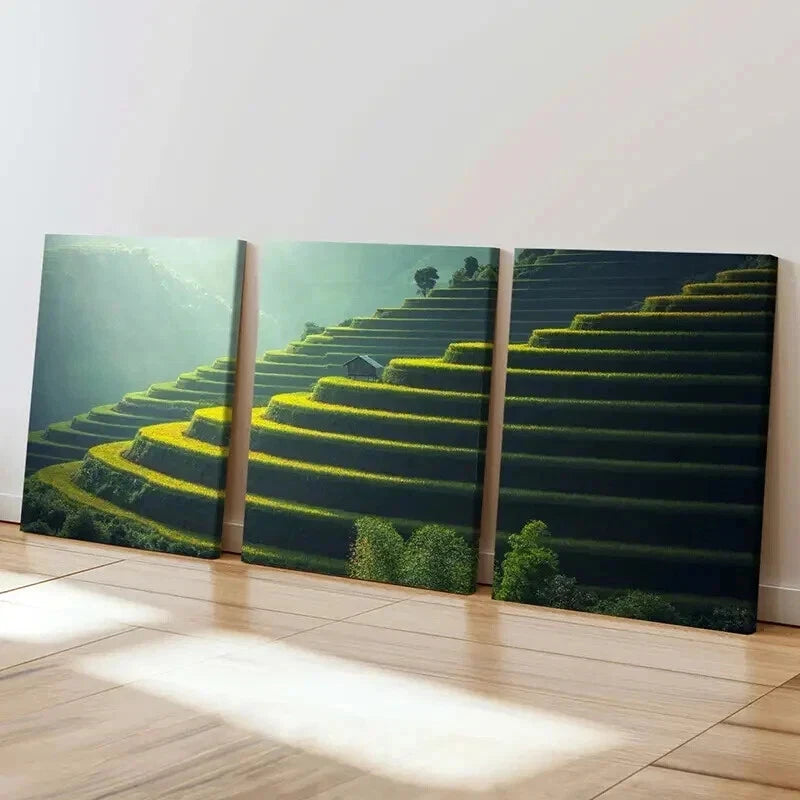 3pcs Green Geometric Terraced Fields Wall Art Set Canvas Framed 40x60cm - High Quality Print 100% Australian Made Wall Canvas Ready to Hang - Bella Home Decor