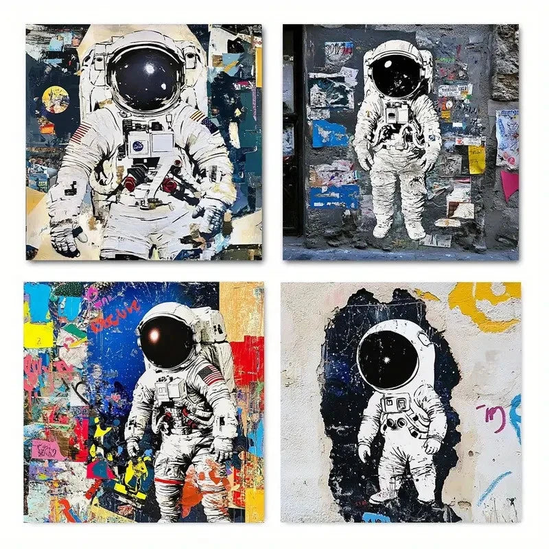 4pcsVibrant Astronaut Graffiti Wall Art Canvas Framed
