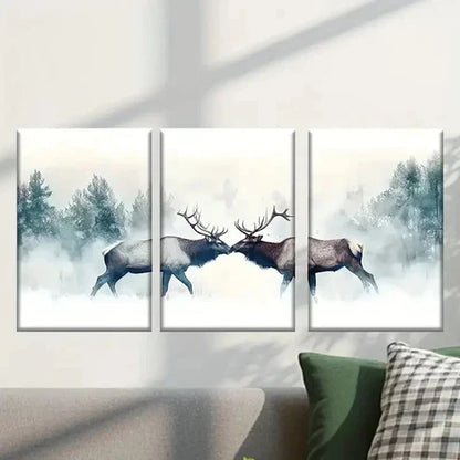 3pcs Two Majestic Elk in Snowy Forest Scene Wall Art Set Canvas Unframed - High Quality Print 100% Australian Made Wall Canvas