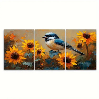 3pcs Chickadee Painting Sunflowers di  Wall Art Set Canvas Framed 50x70cm - High Quality Print 100% Australian Made Wall Canvas Ready to Hang - Bella Home Decor