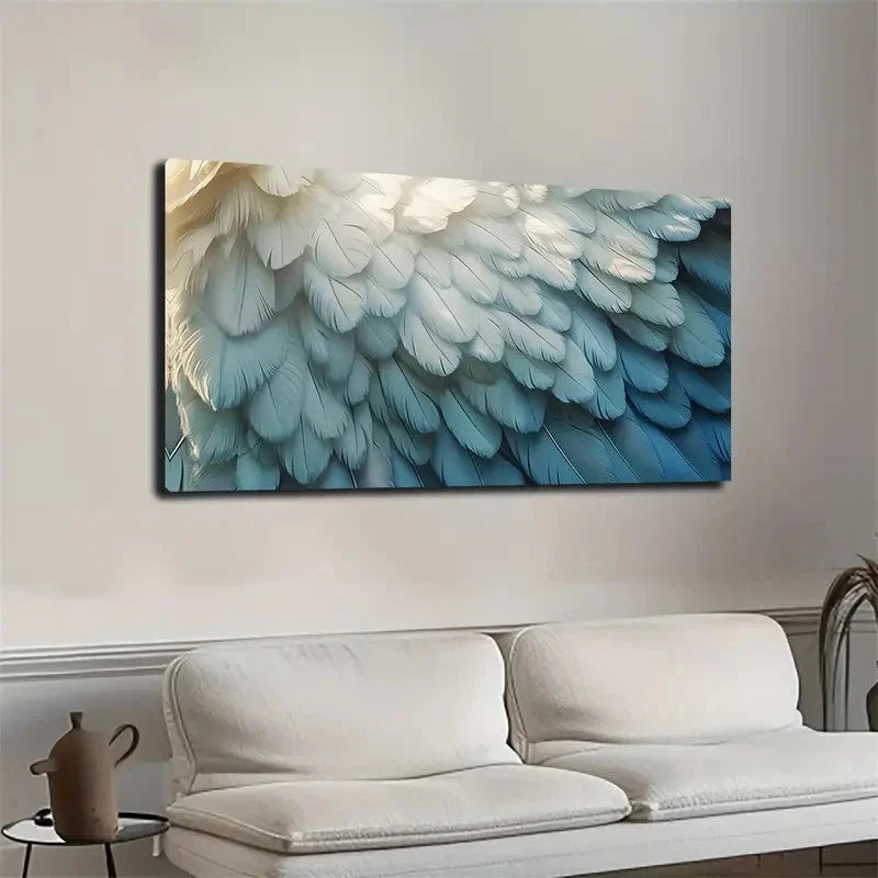 Vibrant Blue and White Feather Wall Art canvas office home room framed 120x60cm