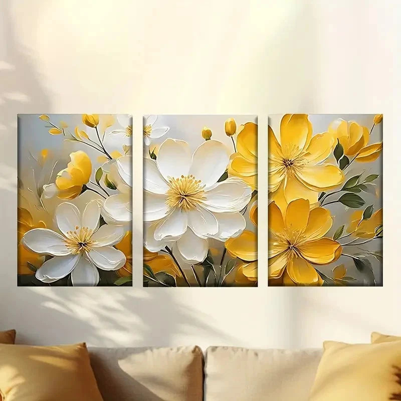 3pcs Bunch of yellow and white flowers Wall Art Set Canvas Framed 60x90cm - High Quality Print 100% Australian Made Wall Canvas Ready to Hang - Bella Home Decor