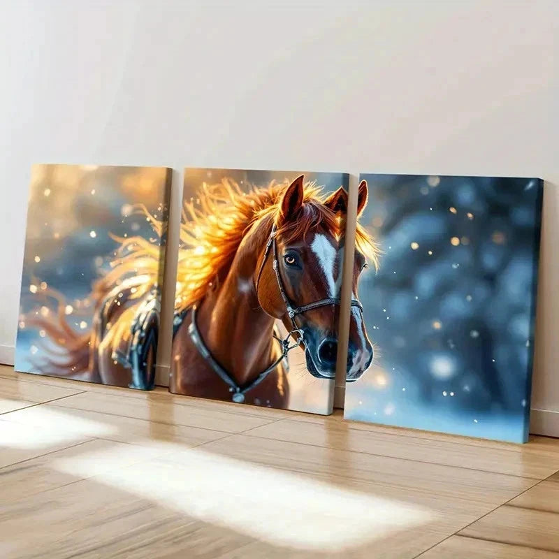 3pcs Vibrant Horse with Golden Mane Wall Art Set Canvas Framed 50x70cm - High Quality Print 100% Australian Made Wall Canvas Ready to Hang